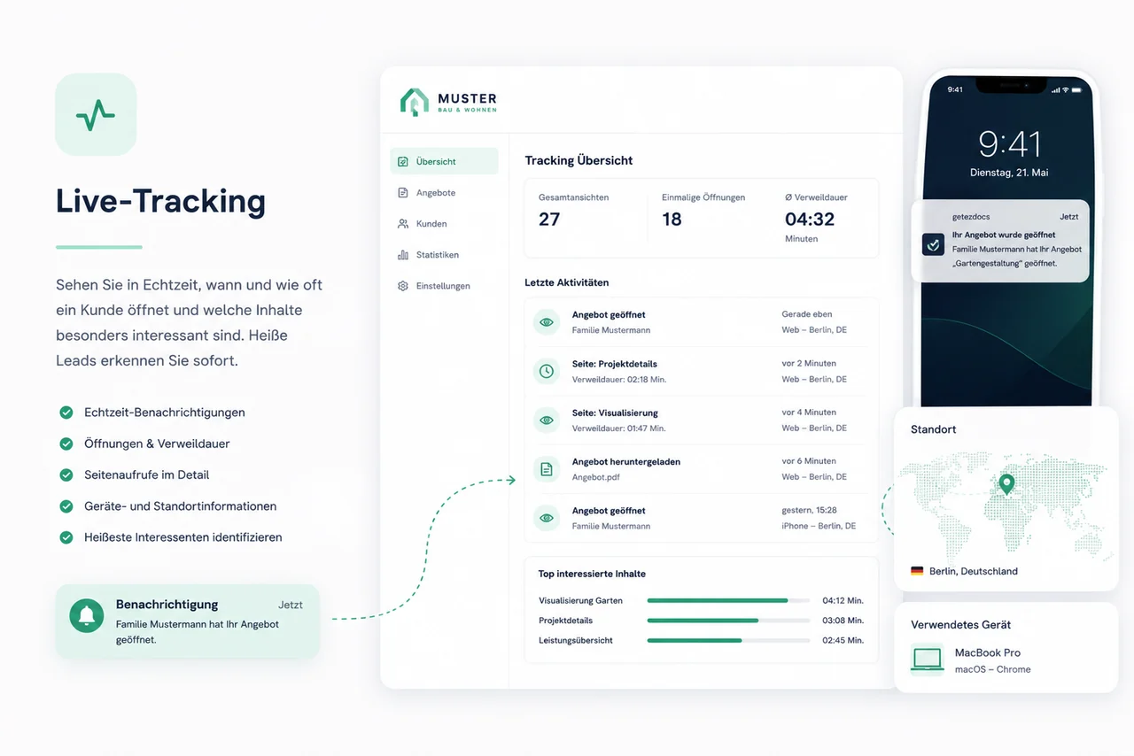 Live-Tracking – in Echtzeit sehen, wann und wie oft ein Kunde öffnet und welche Inhalte interessieren.