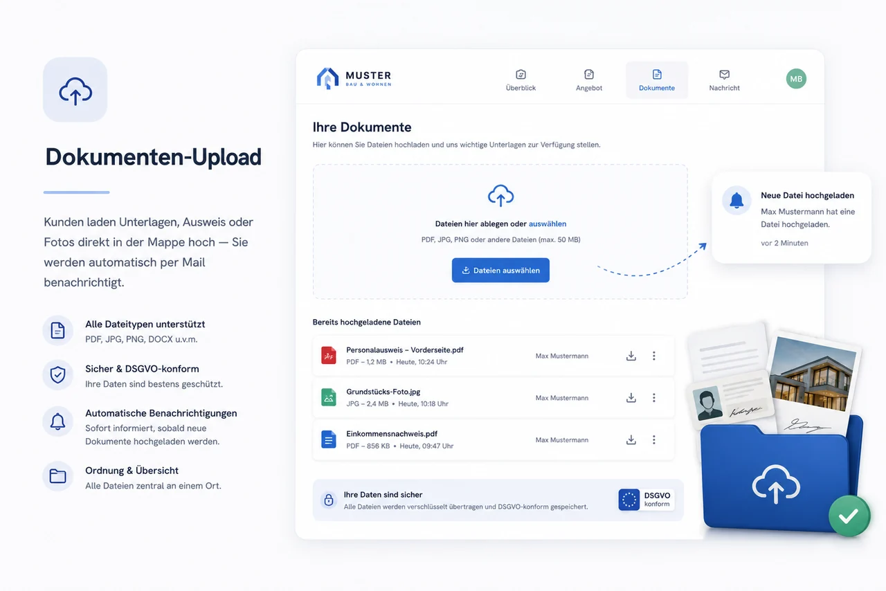 Dokumenten-Upload – Kunden laden Unterlagen direkt in der Mappe hoch, Sie werden automatisch benachrichtigt.